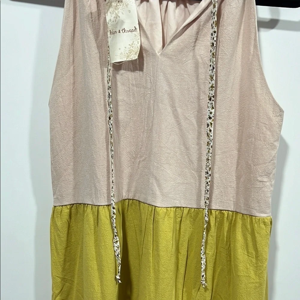 Hem & Thread Colorblock Sleeveless Tiered Sun Dress in Cream,Yellow, and Olive - Picture 3 of 6